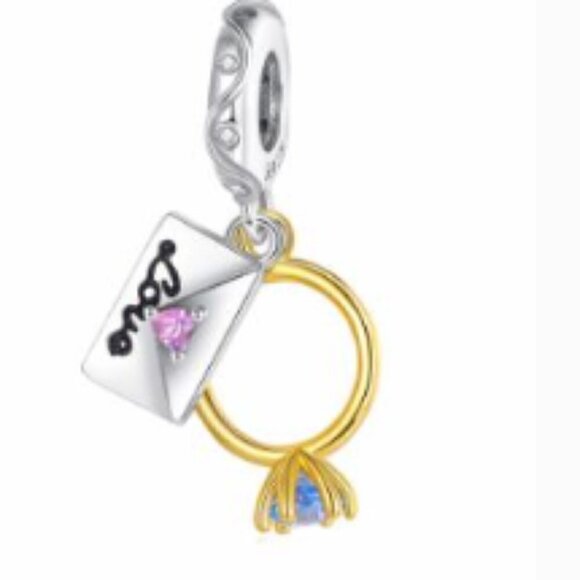 Sterling Silver Engagement Ring & Love Letter Dangle Charm - Picture 1 of 1